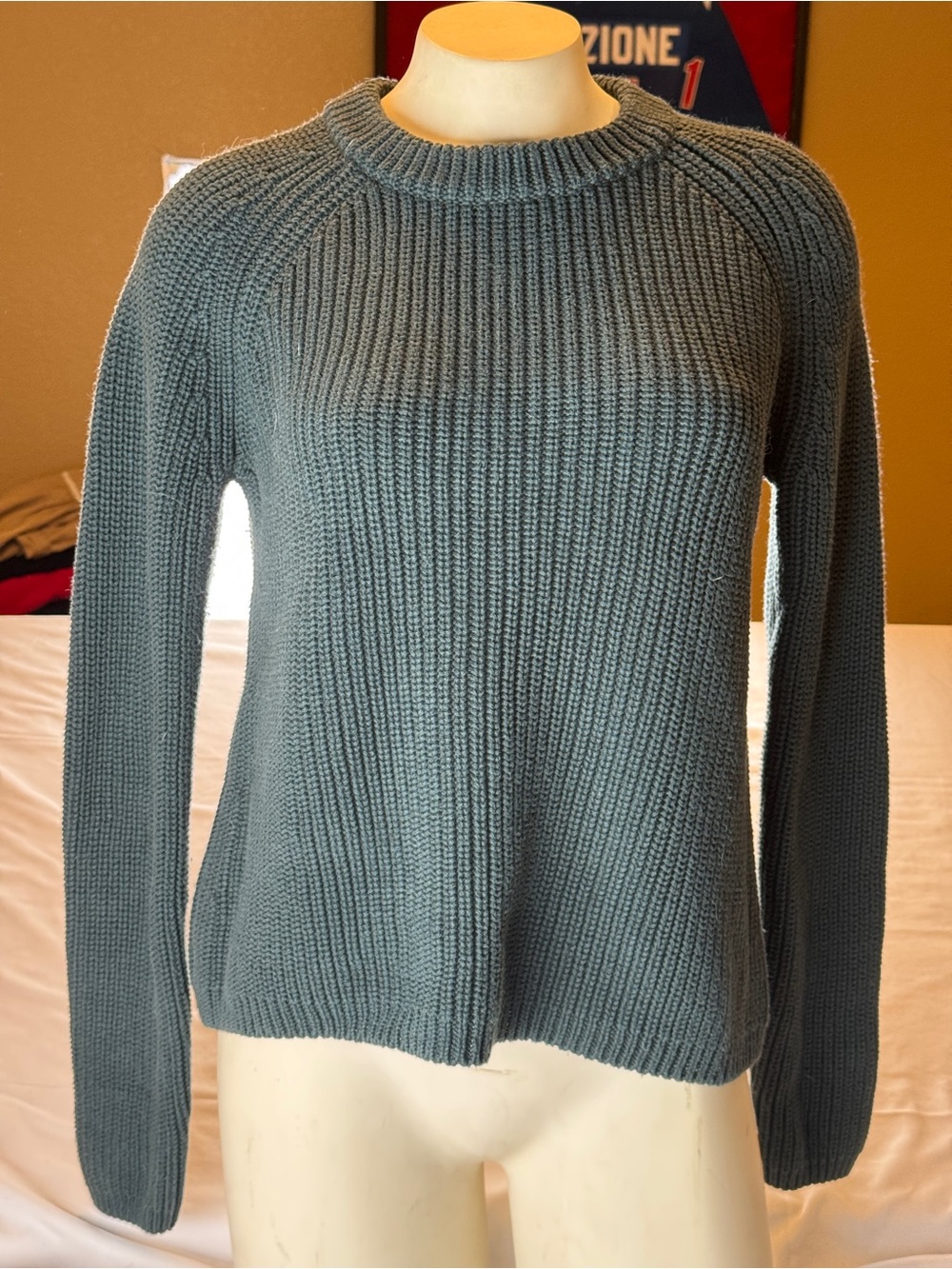 Quince Fisherman Crew Sweater Small Dark Spruce Organic Cotton Chunky Knit